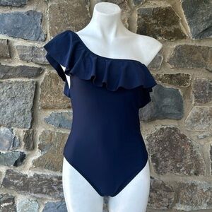 J. Crew Factory Women's One-Shoulder Ruffle Swimsuit Navy Blue Size M